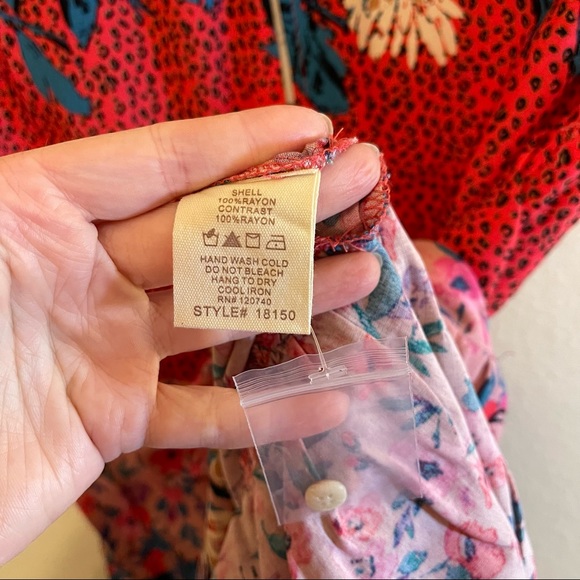 Mystree Red Turquoise Cheetah Floral Mixed Pattern Babydoll Rayon Keyhole Blouse - Picture 13 of 13